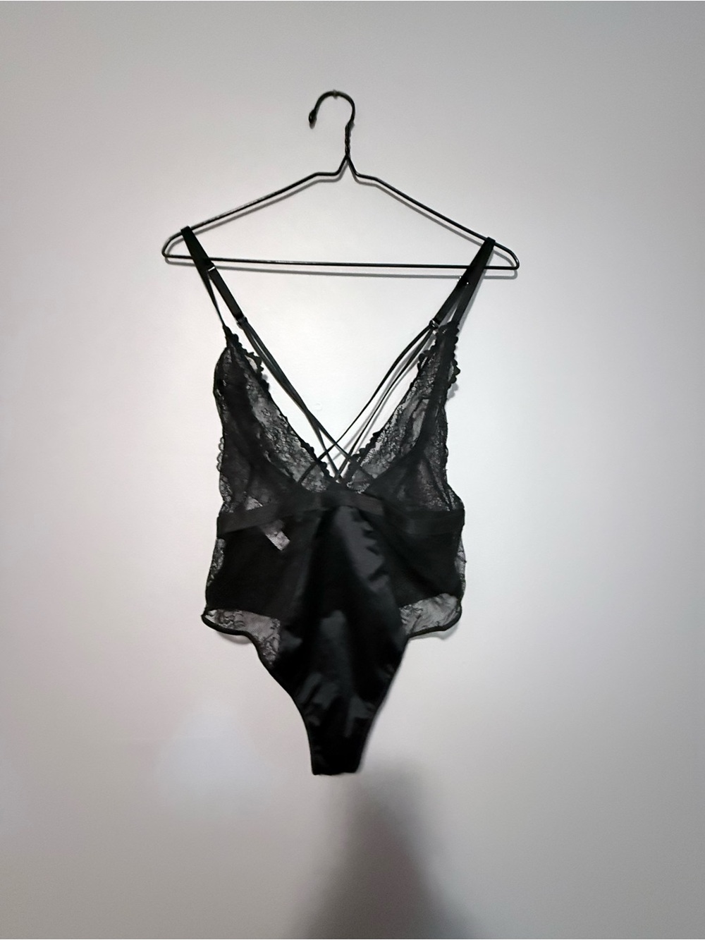 NWT Auden Black Lace & Satin Teddy with Strappy Back